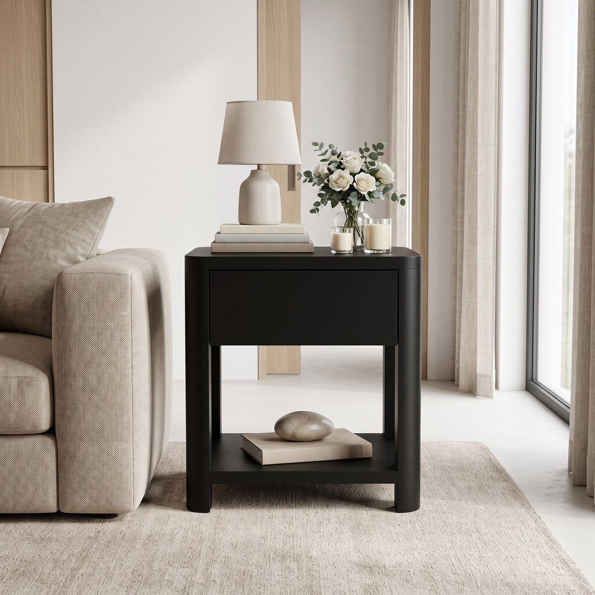 Galano 23" H Modern 1 Drawer Nightstand Bedside Table with Open Storage Shelf - Black