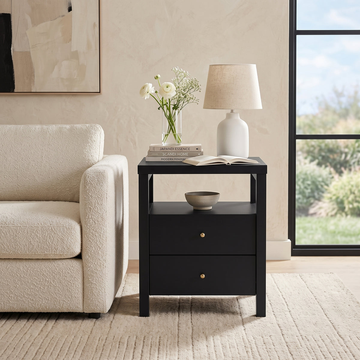 Galano 23" H Modern 2 Drawer Nightstand Bedside Table with Open Storage Shelf - Black