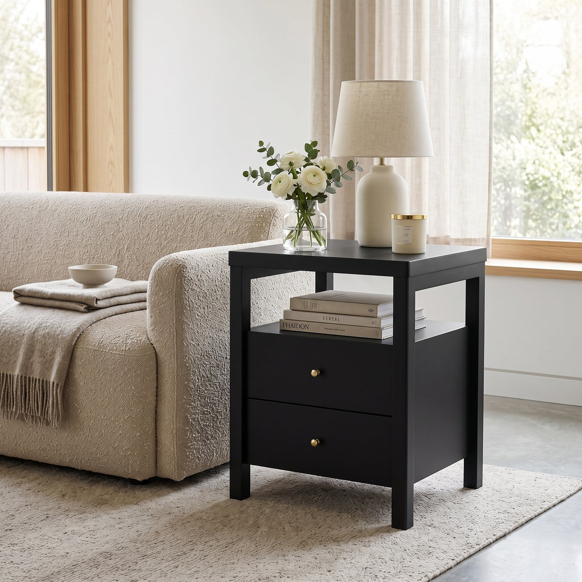 Galano 23" H Modern 2 Drawer Nightstand Bedside Table with Open Storage Shelf - Black