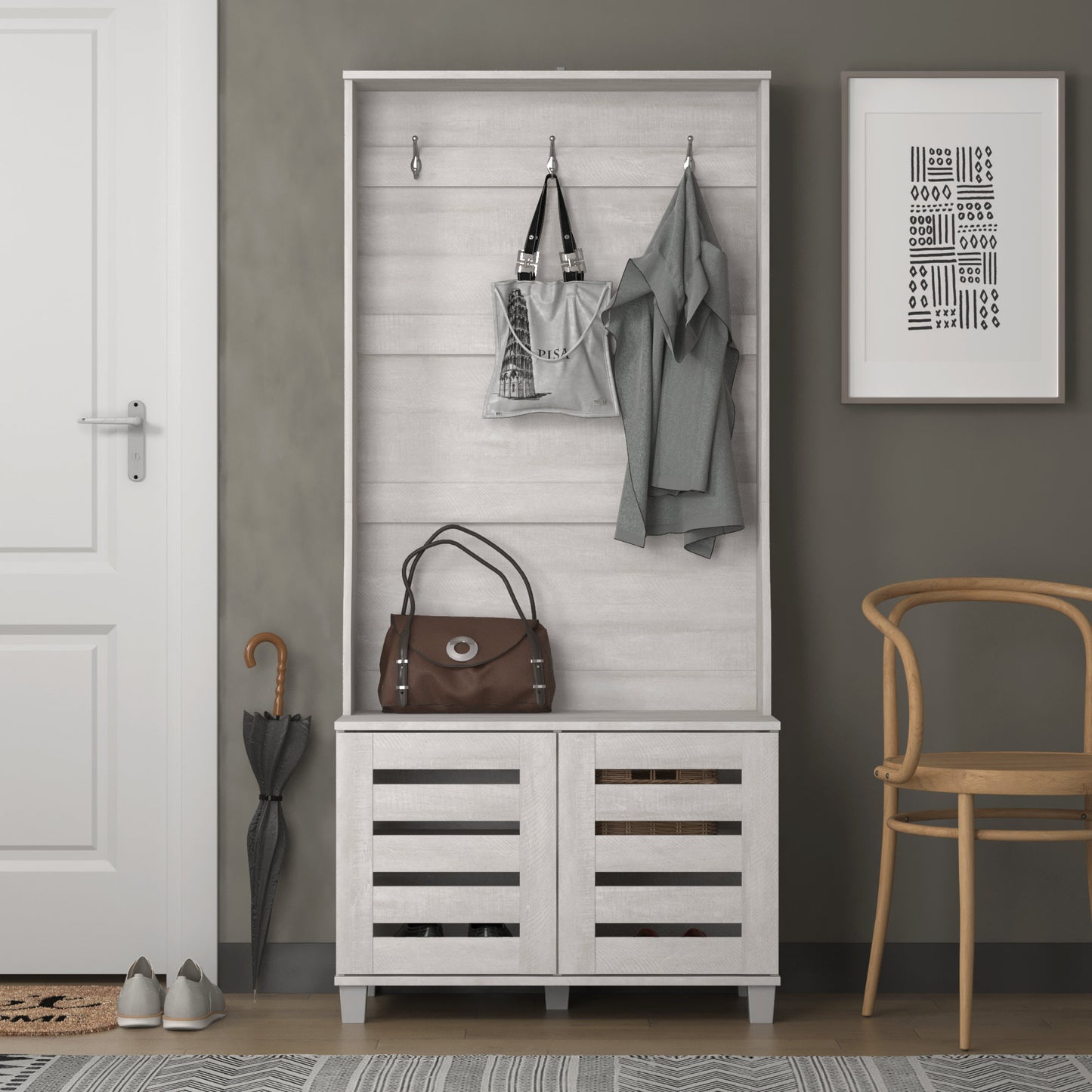 GALANO Hall Tree with Bench and Shoe Storage in Gray Oak 31.3" W x 15.7" D x 68.3" H