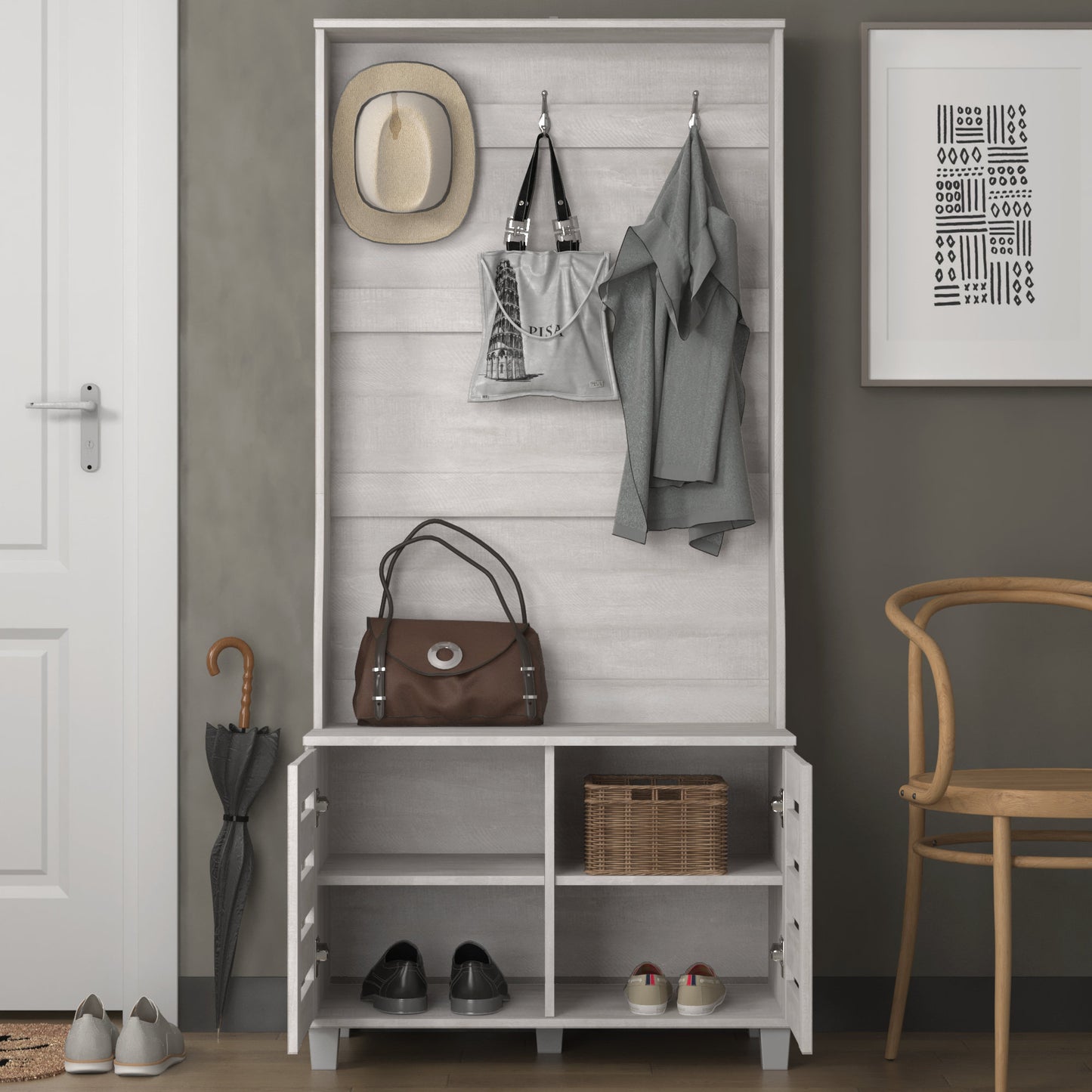 GALANO Hall Tree with Bench and Shoe Storage in Gray Oak 31.3" W x 15.7" D x 68.3" H