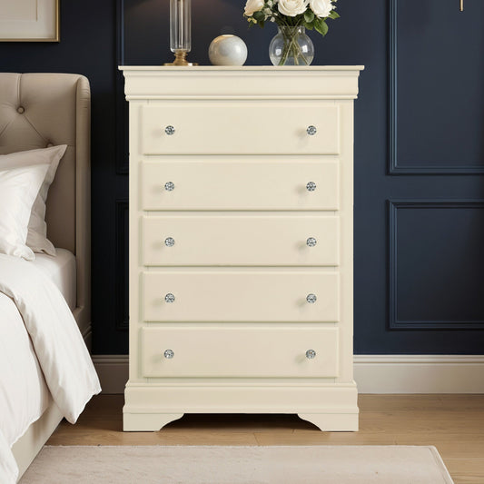 Galano Fully Assembled 5-Drawer Chest with Crystal-Style Knobs and Lined Top Drawer