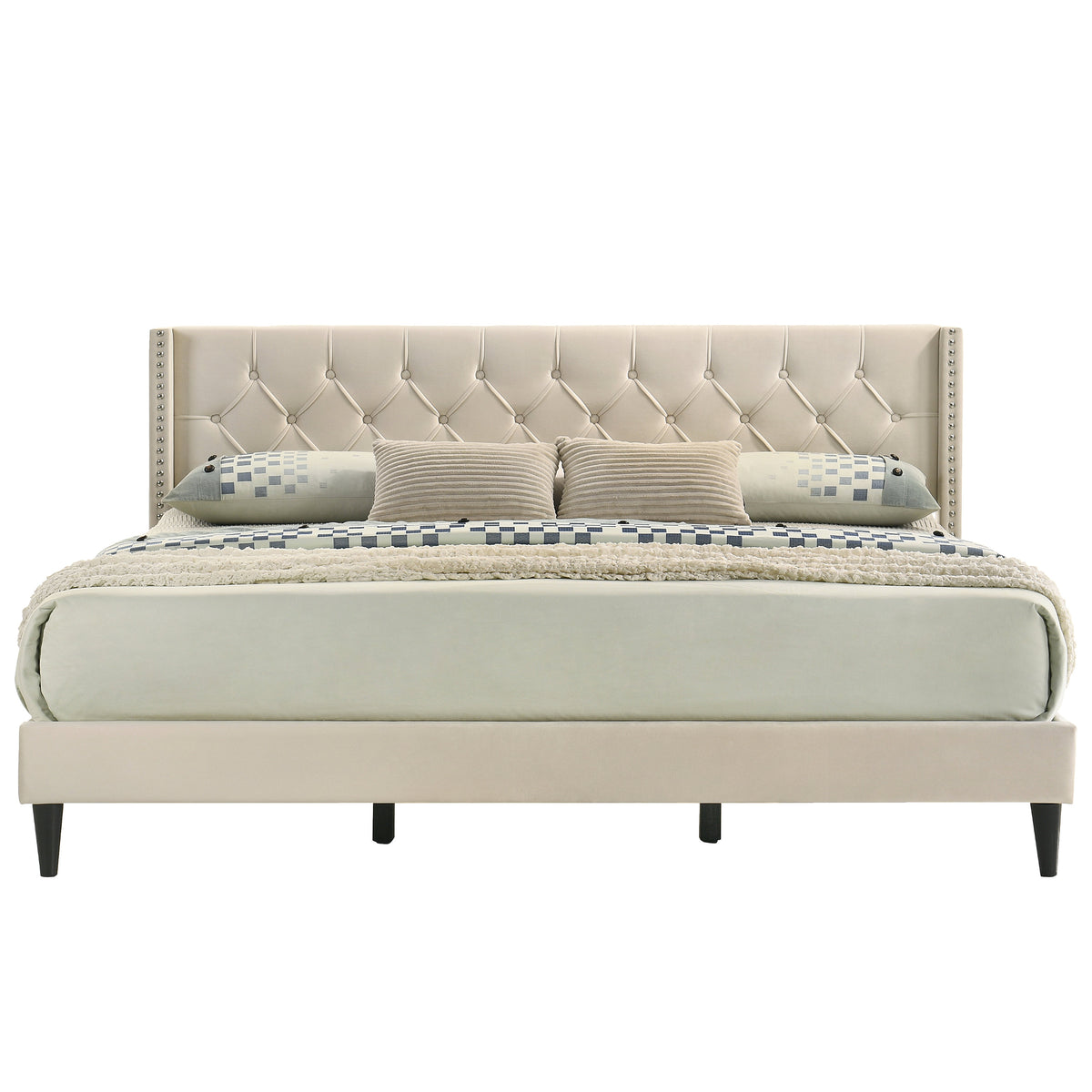 GALANO King Upholstered Platform Bed with Tufted Wingback Headboard, No Box Spring Required