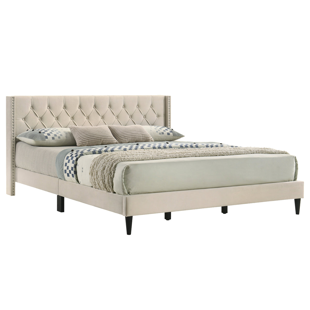 GALANO King Upholstered Platform Bed with Tufted Wingback Headboard, No Box Spring Required