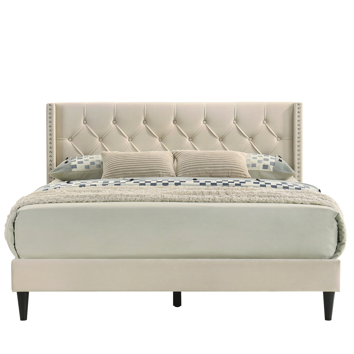 GALANO Queen Upholstered Platform Bed with Tufted Wingback Headboard