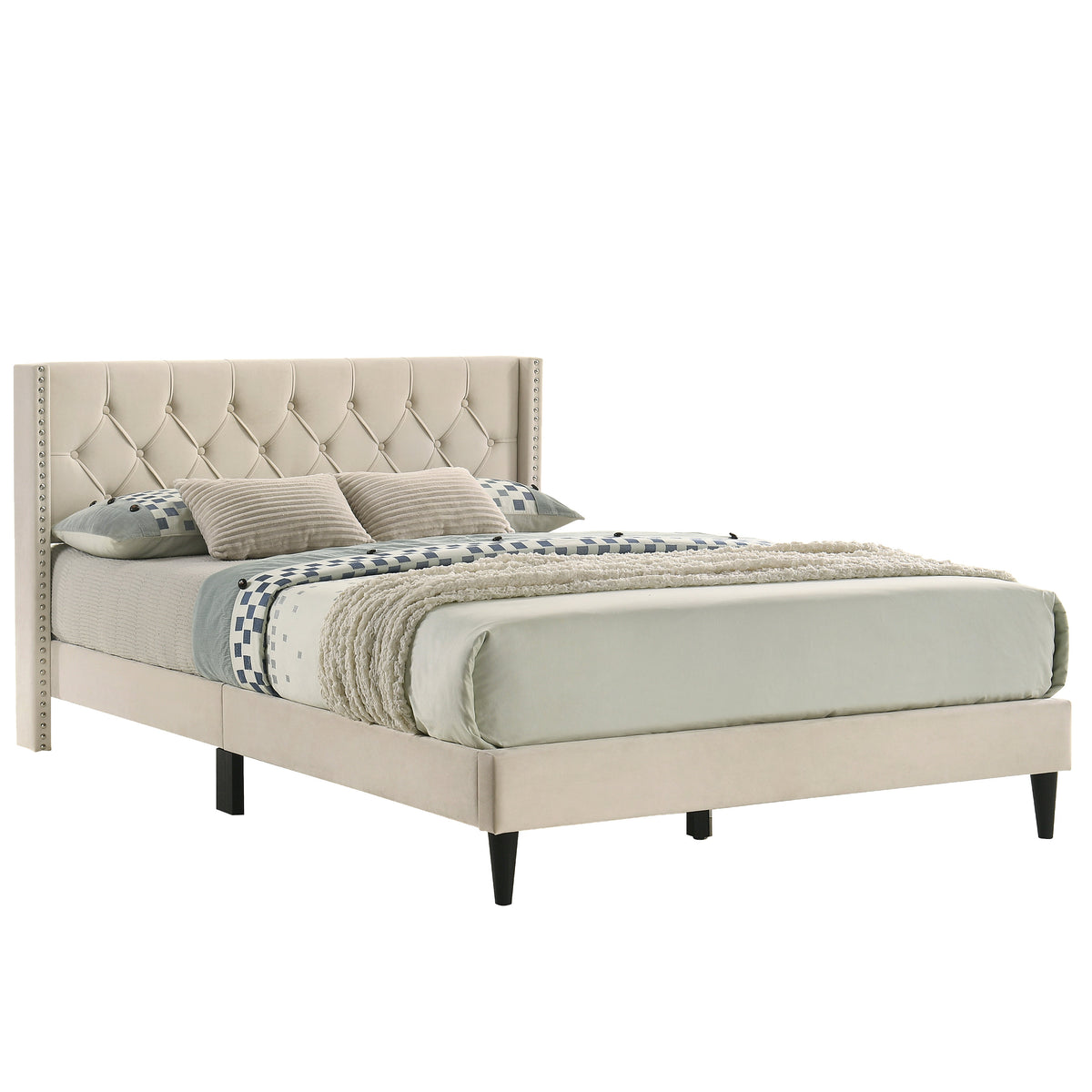GALANO Queen Upholstered Platform Bed with Tufted Wingback Headboard