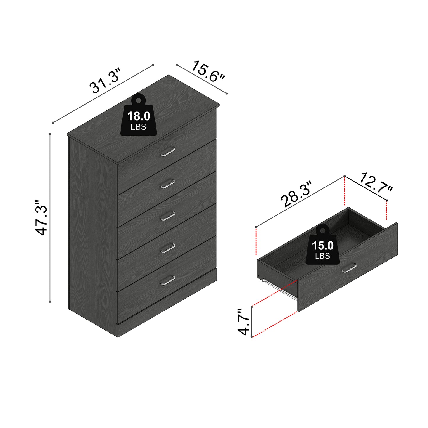 Galano 5-Drawer Dresser with Interlock Safety 31.3" W × 15.6" D × 47.2" H