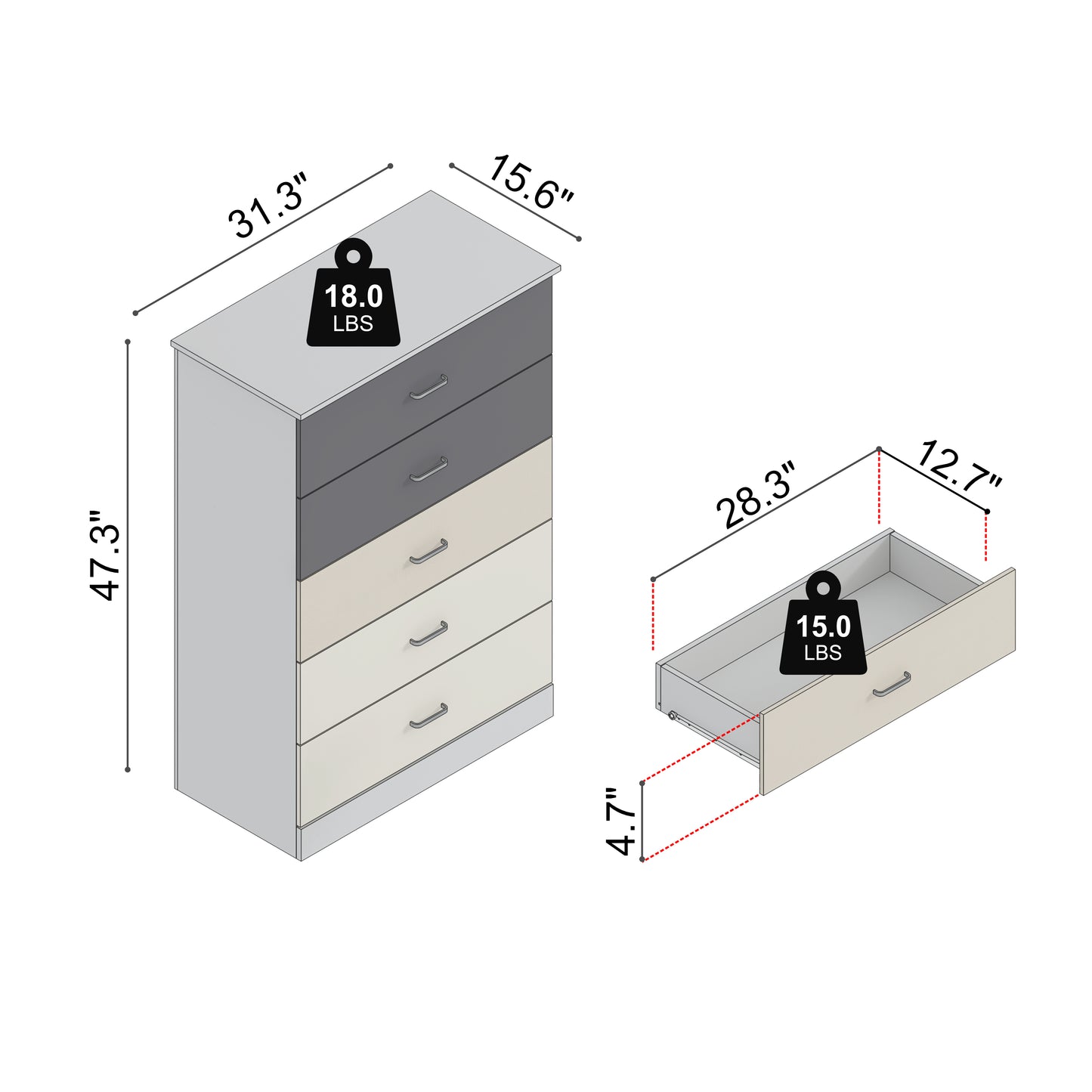 Galano 5-Drawer Dresser with Interlock Safety 31.3" W × 15.6" D × 47.2" H
