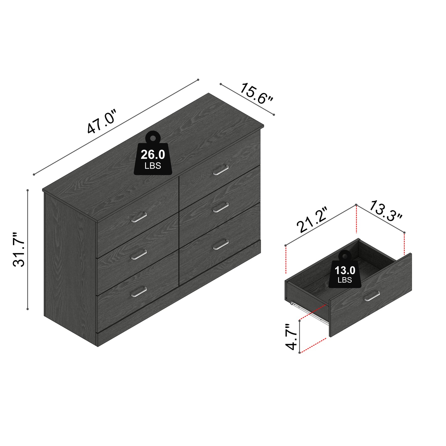 Galano 6-Drawer Double Dresser with Interlock Safety 47.0" W × 15.6" D × 31.7" H