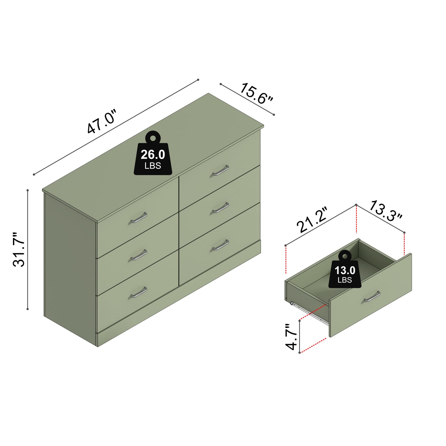 Galano 6-Drawer Double Dresser with Interlock Safety 47.0" W × 15.6" D × 31.7" H