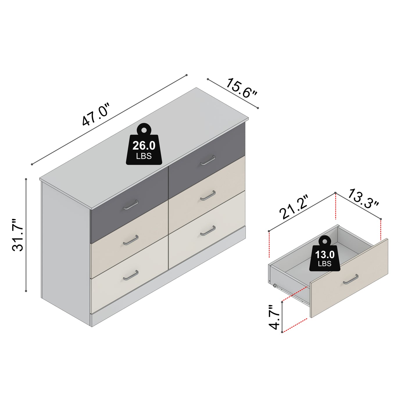 Galano 6-Drawer Double Dresser with Interlock Safety 47.0" W × 15.6" D × 31.7" H