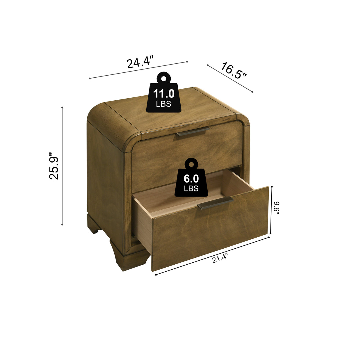 GALANO 2-Drawer Nightstand, Fully Assembled, 25.9" H, Brown, 1-Piece