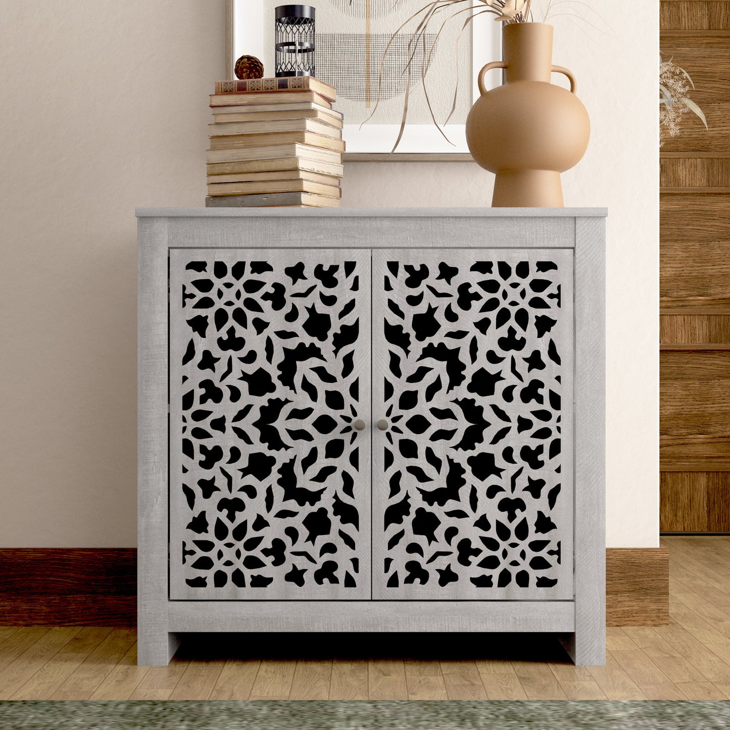 Galano 2-Door Accent Cabinet with Cut-Out Woodwork in Dusty Grey Oak 30.9" W x 15.8" D x 30" H