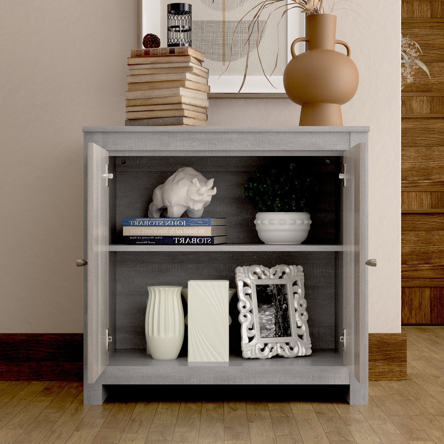 Galano 2-Door Accent Cabinet with Cut-Out Woodwork in Dusty Grey Oak 30.9" W x 15.8" D x 30" H