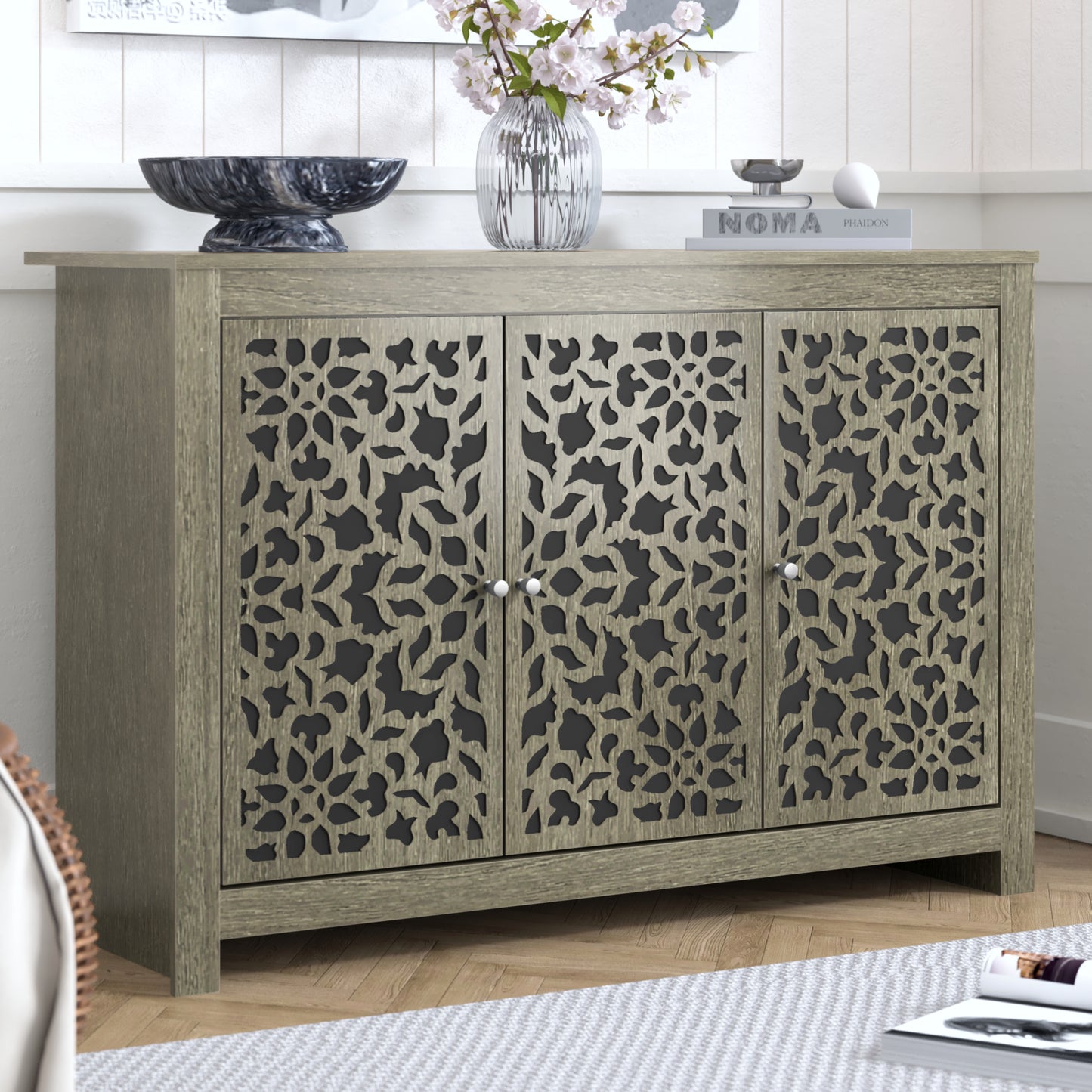 Galano 3-Door Sideboard with Decorative Cutout Doors 44.3" W × 15.7" D × 30" H