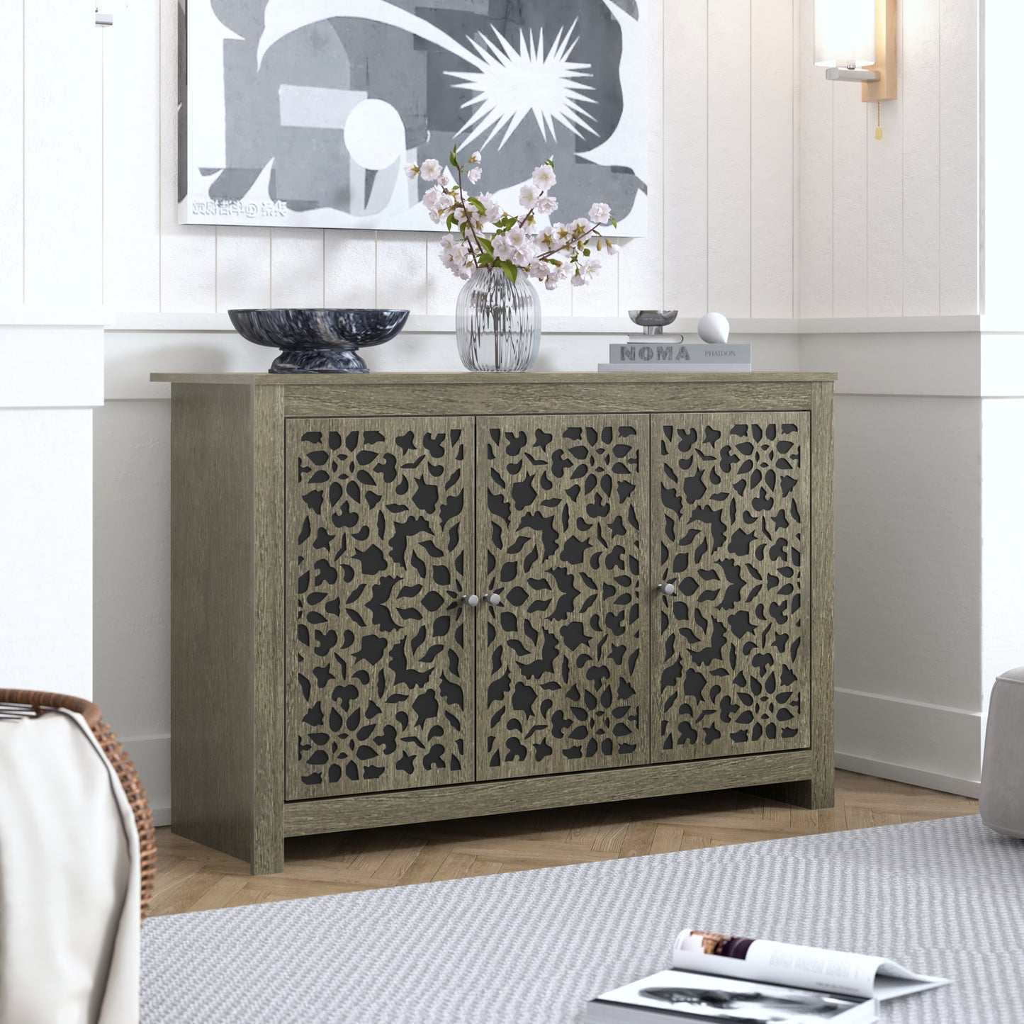 Galano 3-Door Sideboard with Decorative Cutout Doors 44.3" W × 15.7" D × 30" H