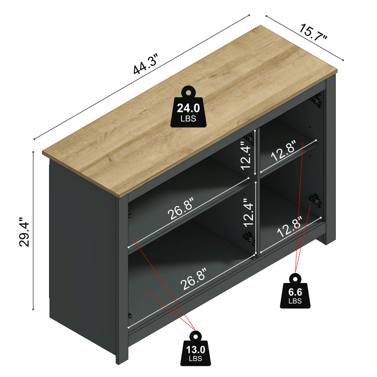 GALANO 44.3" 3-Door Sideboard with Adjustable Shelves and Cable Management
