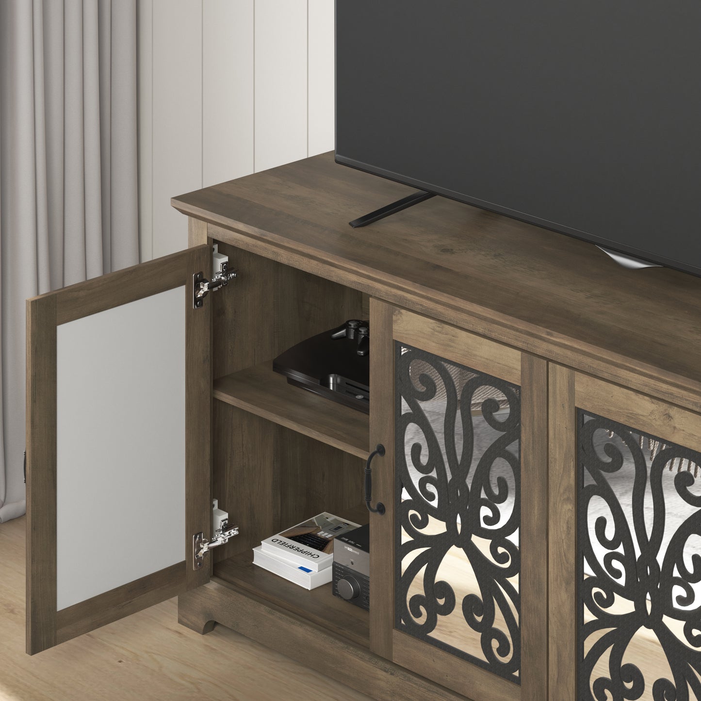 GALANO Mirrored Door TV Stand with Concealed Storage 68.2" W × 17.2" D × 29.3" H