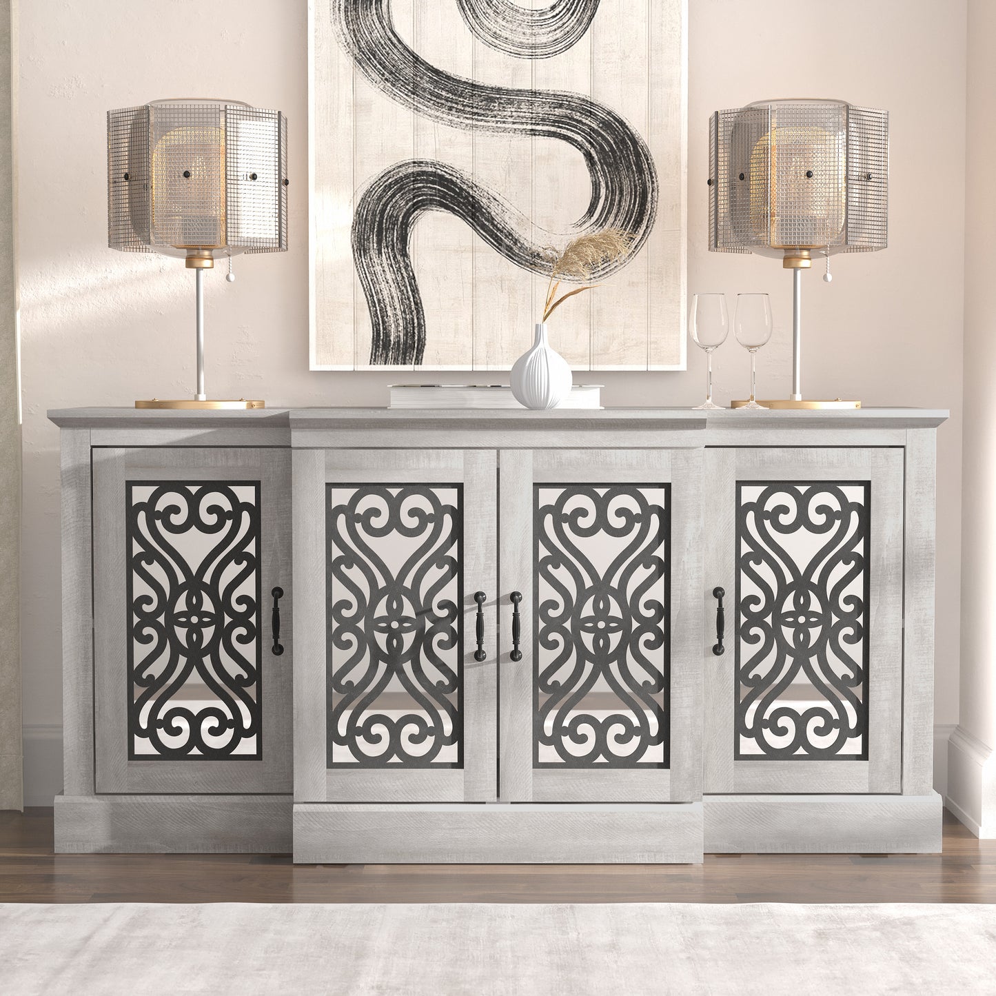 Galano 4-Door Sideboard with Mirrored Cut-Out Storage 60.4" W × 18.2" D × 29.3" H