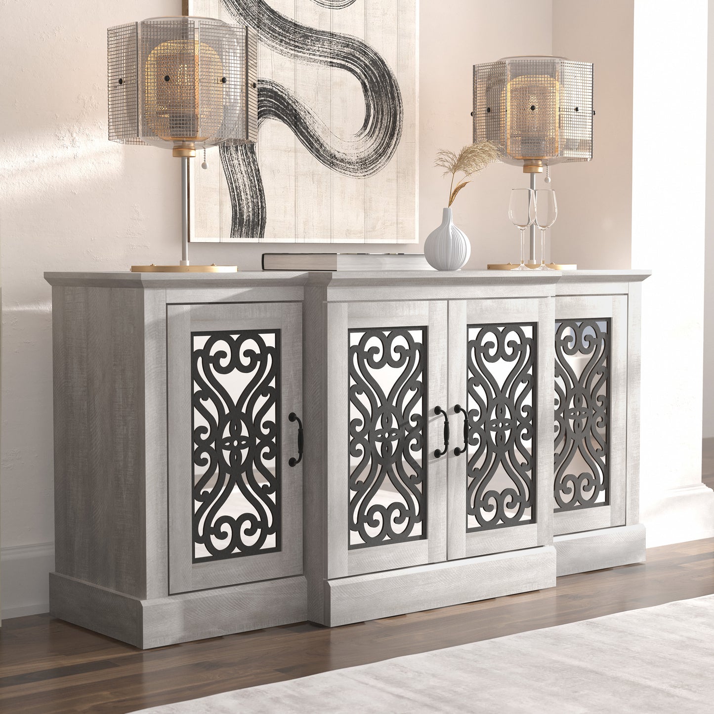 Galano 4-Door Sideboard with Mirrored Cut-Out Storage 60.4" W × 18.2" D × 29.3" H