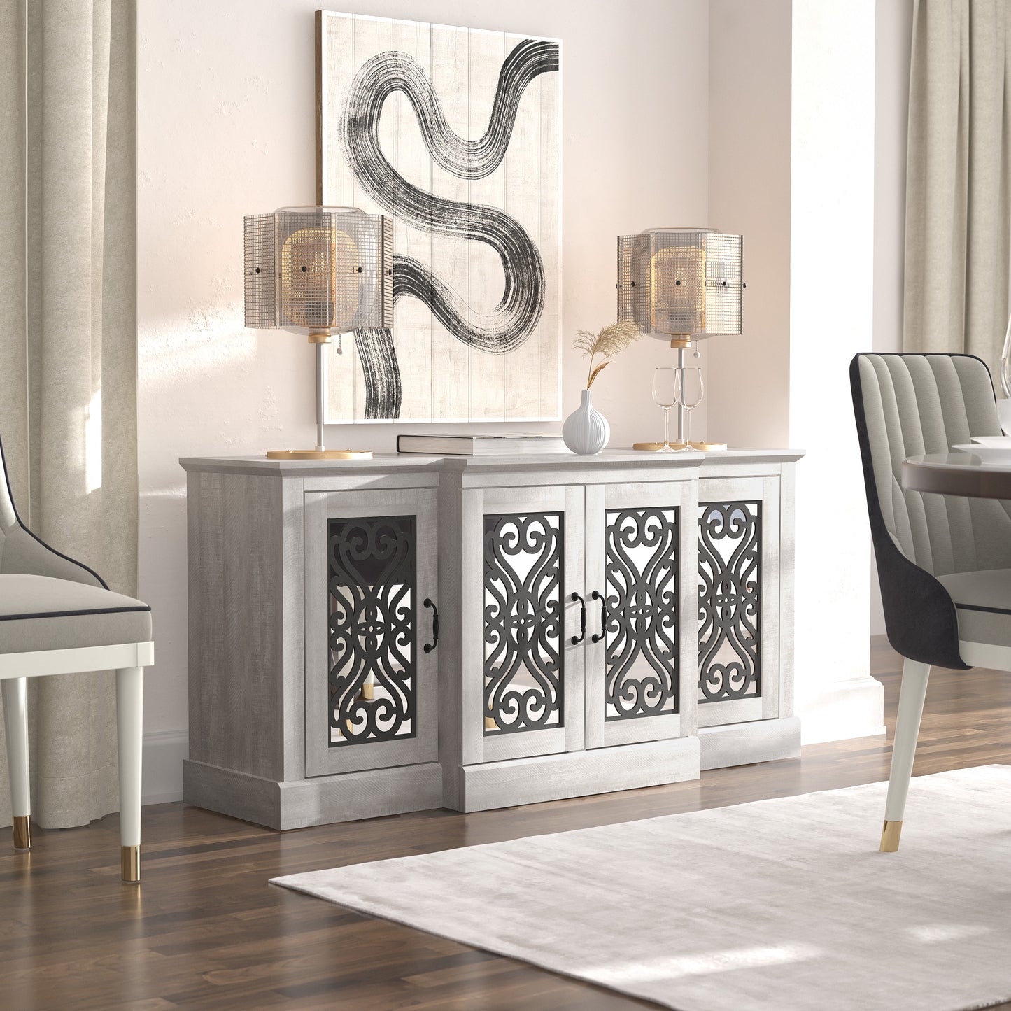 Galano 4-Door Sideboard with Mirrored Cut-Out Storage 60.4" W × 18.2" D × 29.3" H