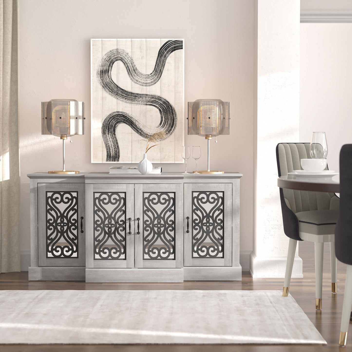 Galano 4-Door Sideboard with Mirrored Cut-Out Storage 60.4" W × 18.2" D × 29.3" H