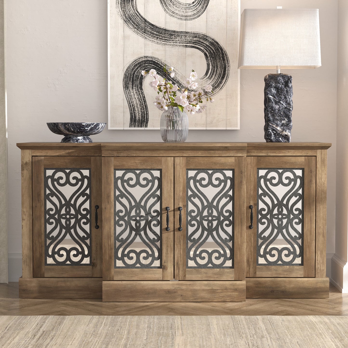 Galano 4-Door Sideboard with Mirrored Cut-Out Storage 60.4" W × 18.2" D × 29.3" H