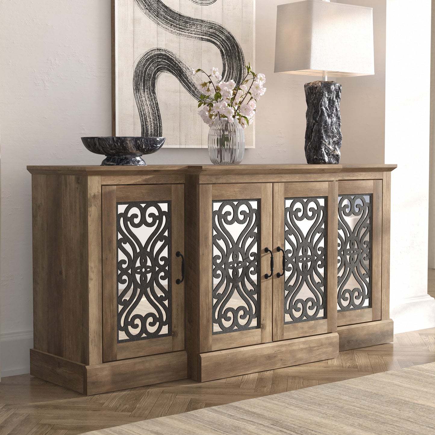 Galano 4-Door Sideboard with Mirrored Cut-Out Storage 60.4" W × 18.2" D × 29.3" H