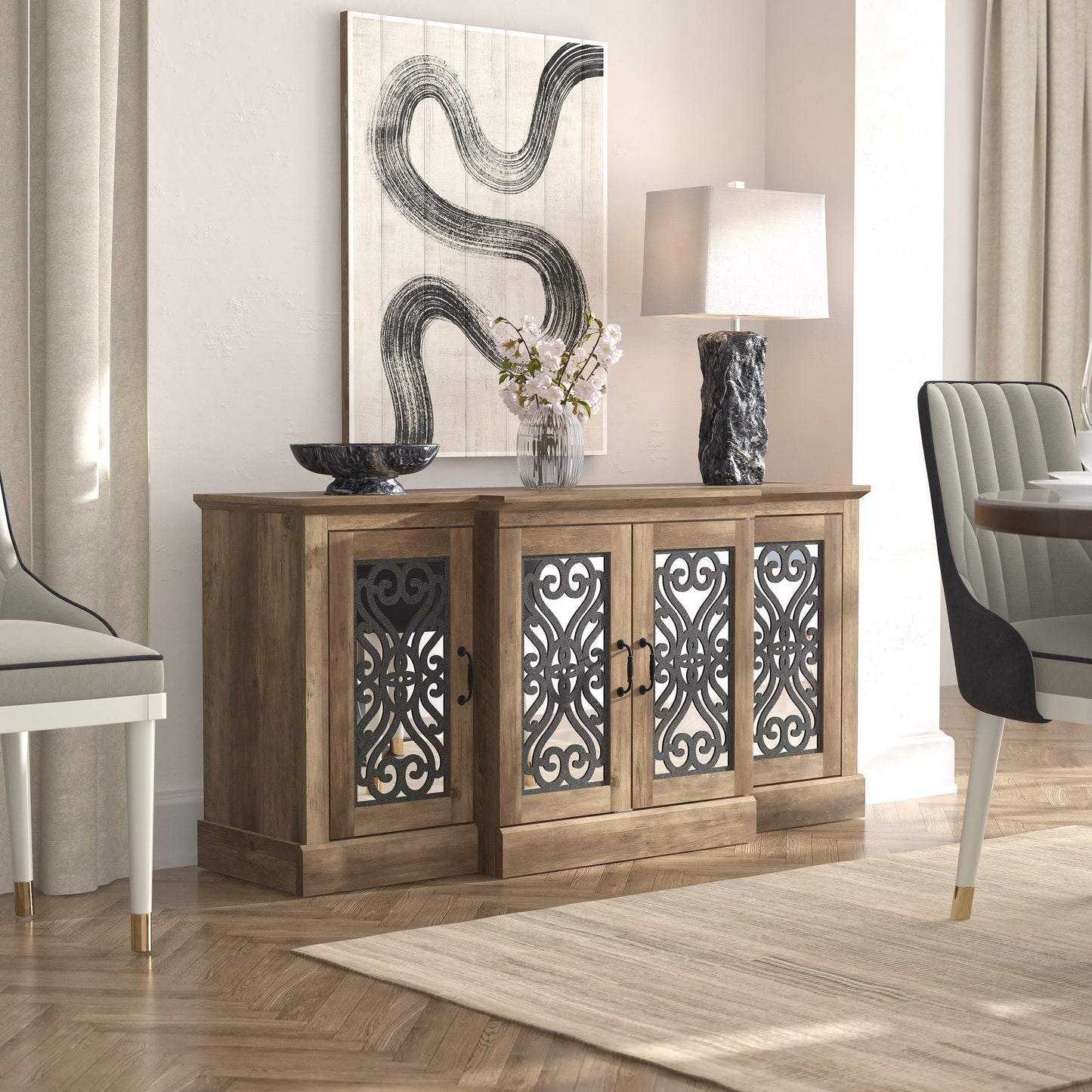Galano 4-Door Sideboard with Mirrored Cut-Out Storage 60.4" W × 18.2" D × 29.3" H