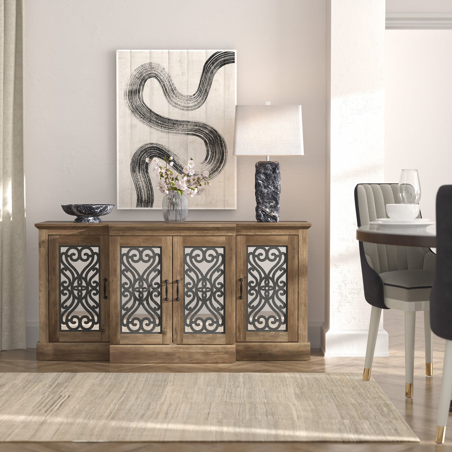 Galano 4-Door Sideboard with Mirrored Cut-Out Storage 60.4" W × 18.2" D × 29.3" H