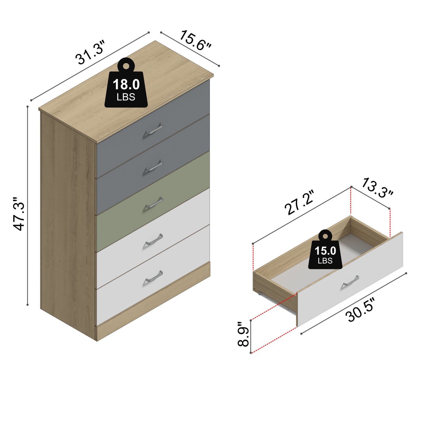 Galano 5-Drawer Dresser with Interlock Safety 31.3" W × 15.6" D × 47.2" H