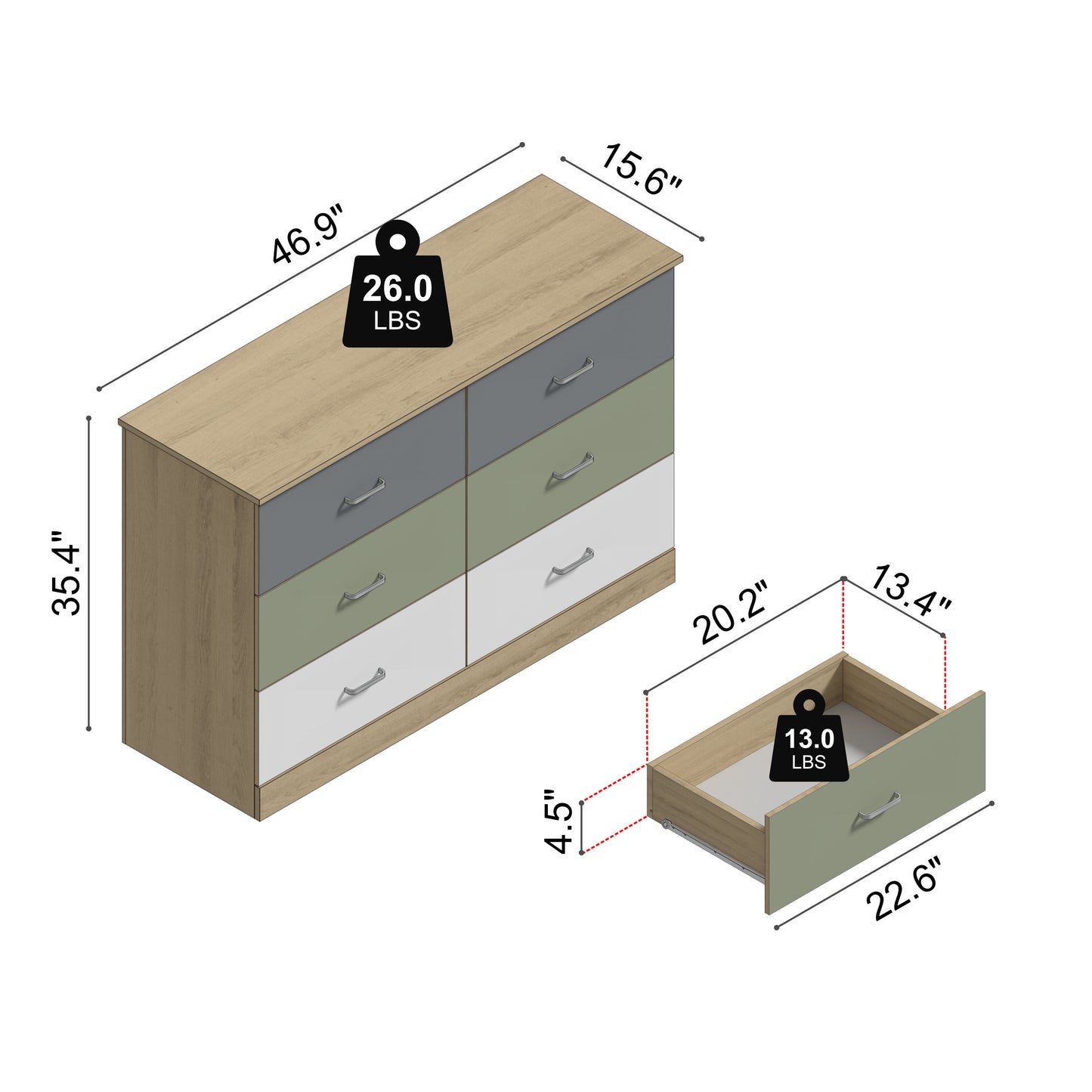 Galano 6-Drawer Double Dresser with Interlock Safety 47.0" W × 15.6" D × 31.7" H