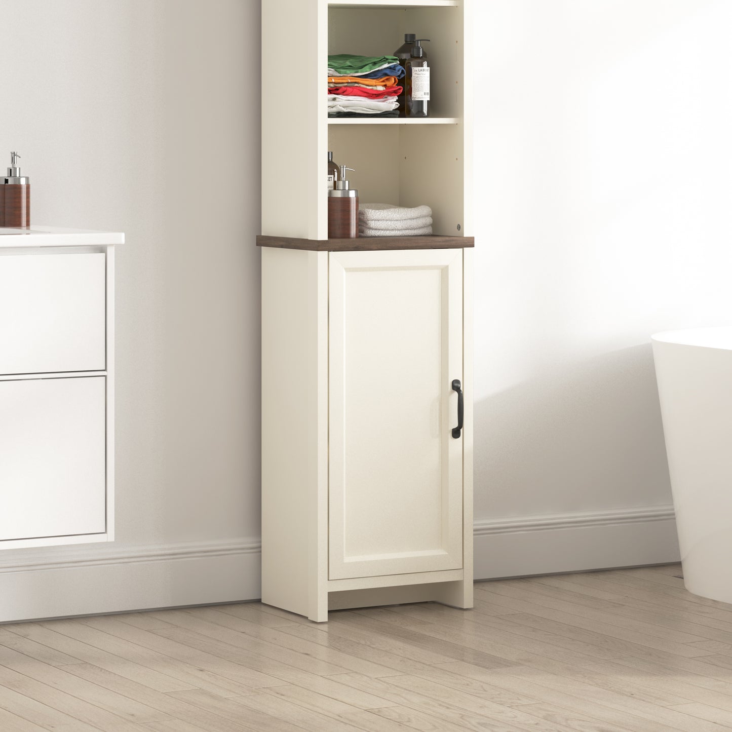 Galano Tall Bathroom Cabinet with Open Shelves in Ivory Knotty Oak 15.6" W × 11.6" D × 63.7" H