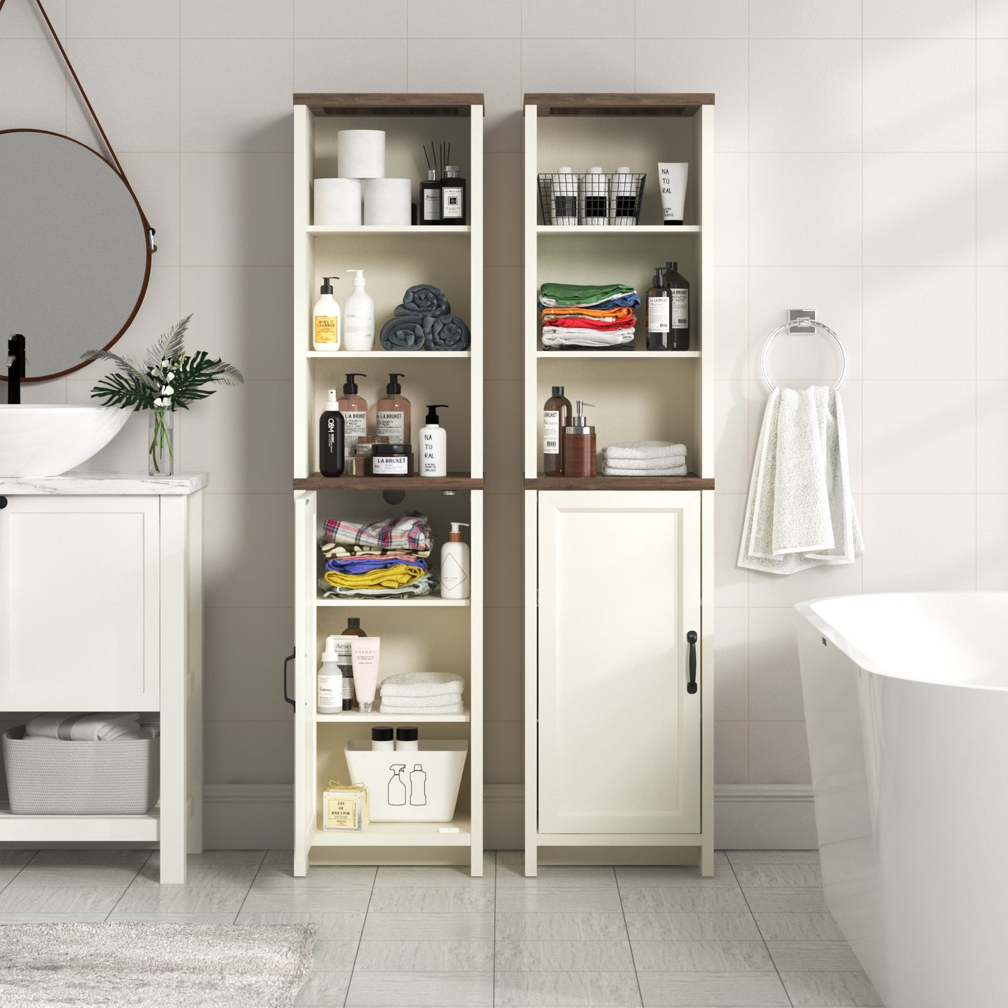 Galano Tall Bathroom Cabinet with Open Shelves in Ivory Knotty Oak 15.6" W × 11.6" D × 63.7" H