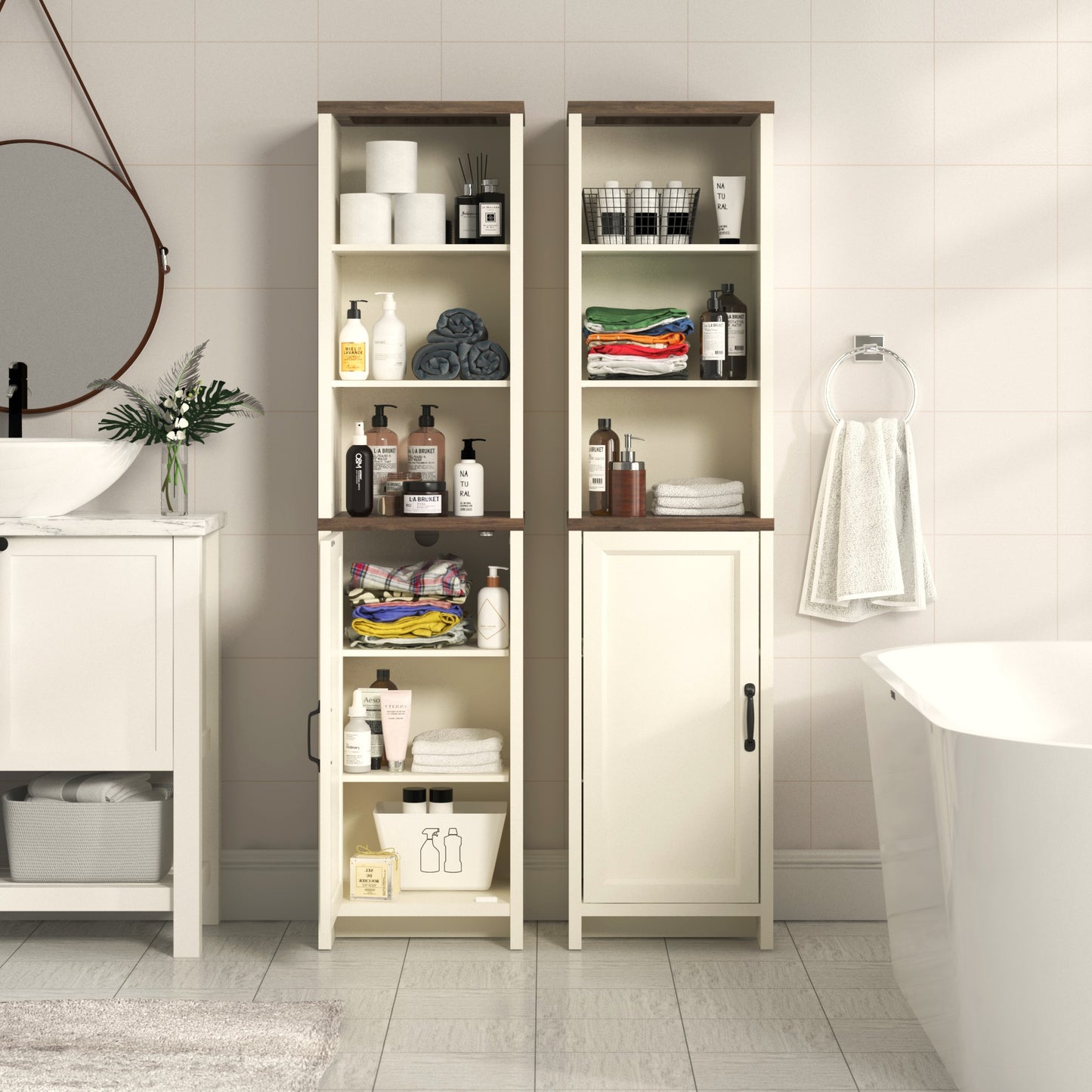 Galano Tall Bathroom Storage Cabinet with Adjustable Shelves & Closed Door, Narrow Linen Tower for Small Spaces, Ivory Knotty Oak