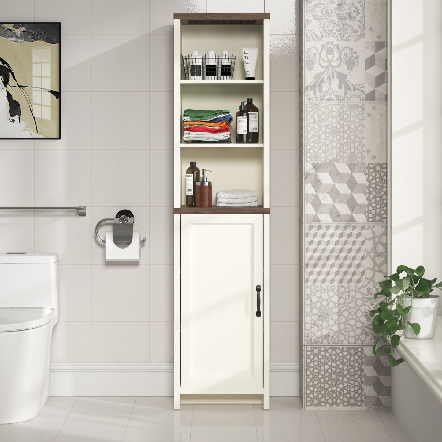 Galano Tall Bathroom Cabinet with Open Shelves in Ivory Knotty Oak 15.6" W × 11.6" D × 63.7" H
