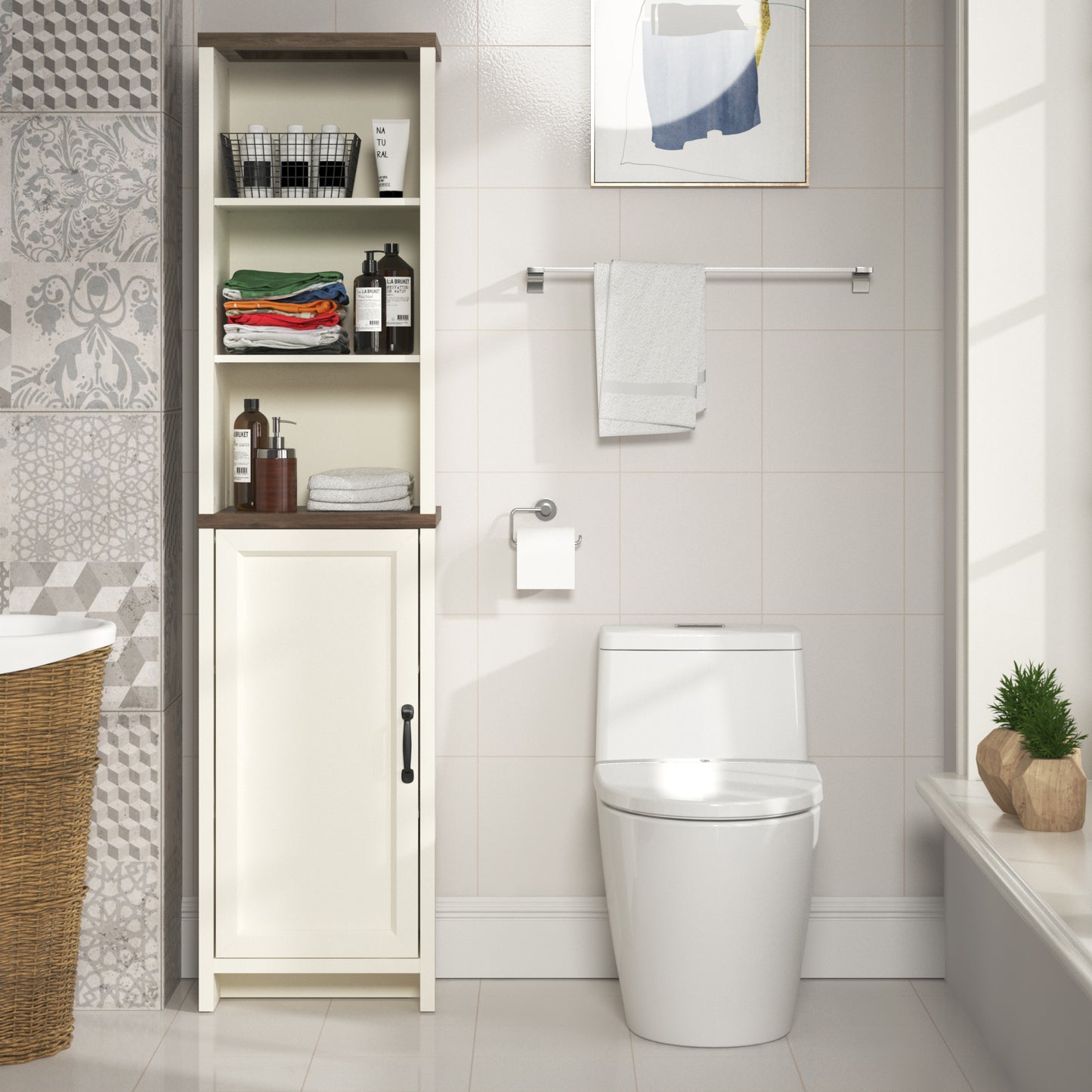 Galano Tall Bathroom Cabinet with Open Shelves in Ivory Knotty Oak 15.6" W × 11.6" D × 63.7" H