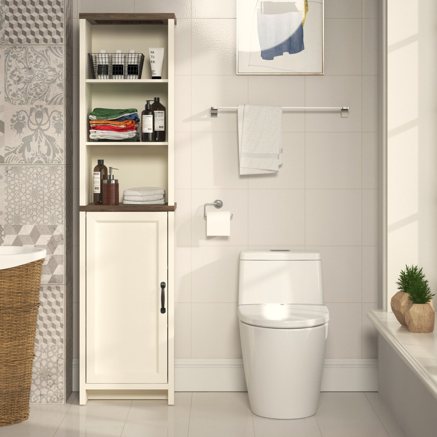 Galano Tall Bathroom Storage Cabinet with Adjustable Shelves & Closed Door, Narrow Linen Tower for Small Spaces, Ivory Knotty Oak