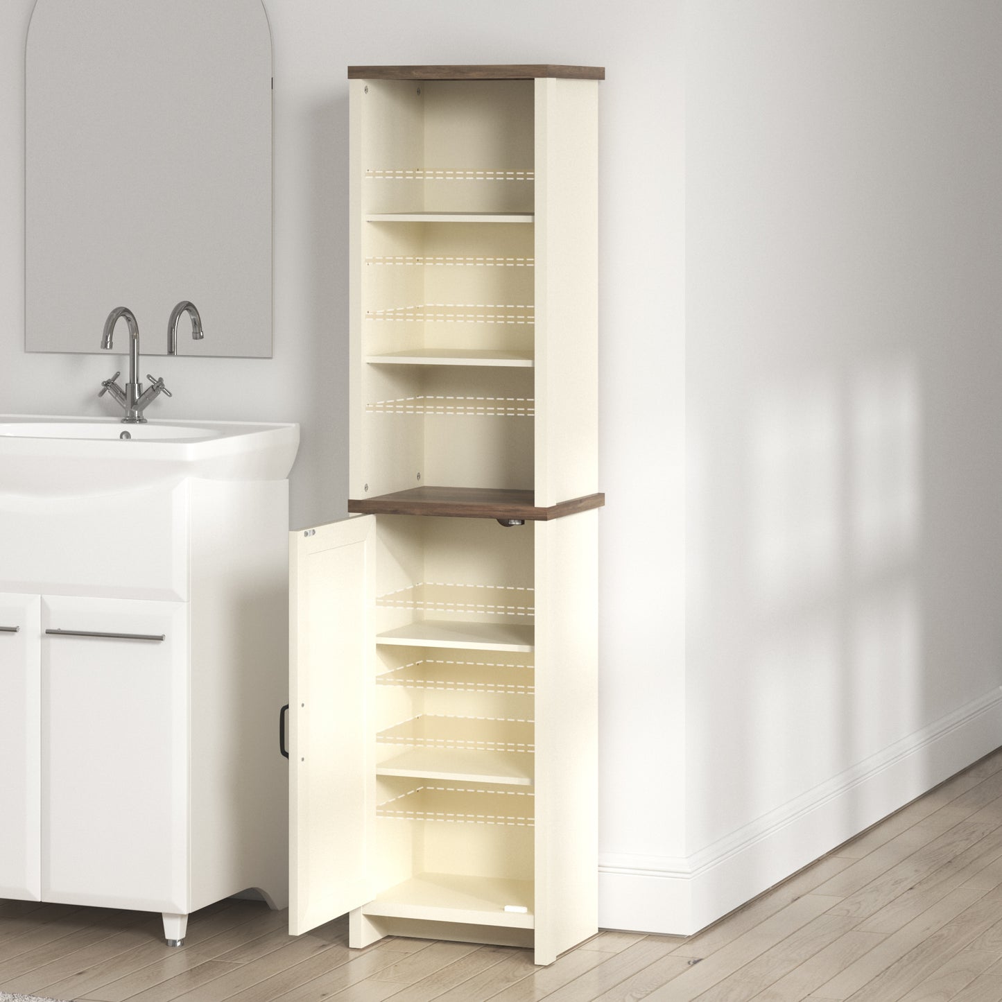 Galano Tall Bathroom Cabinet with Open Shelves in Ivory Knotty Oak 15.6" W × 11.6" D × 63.7" H