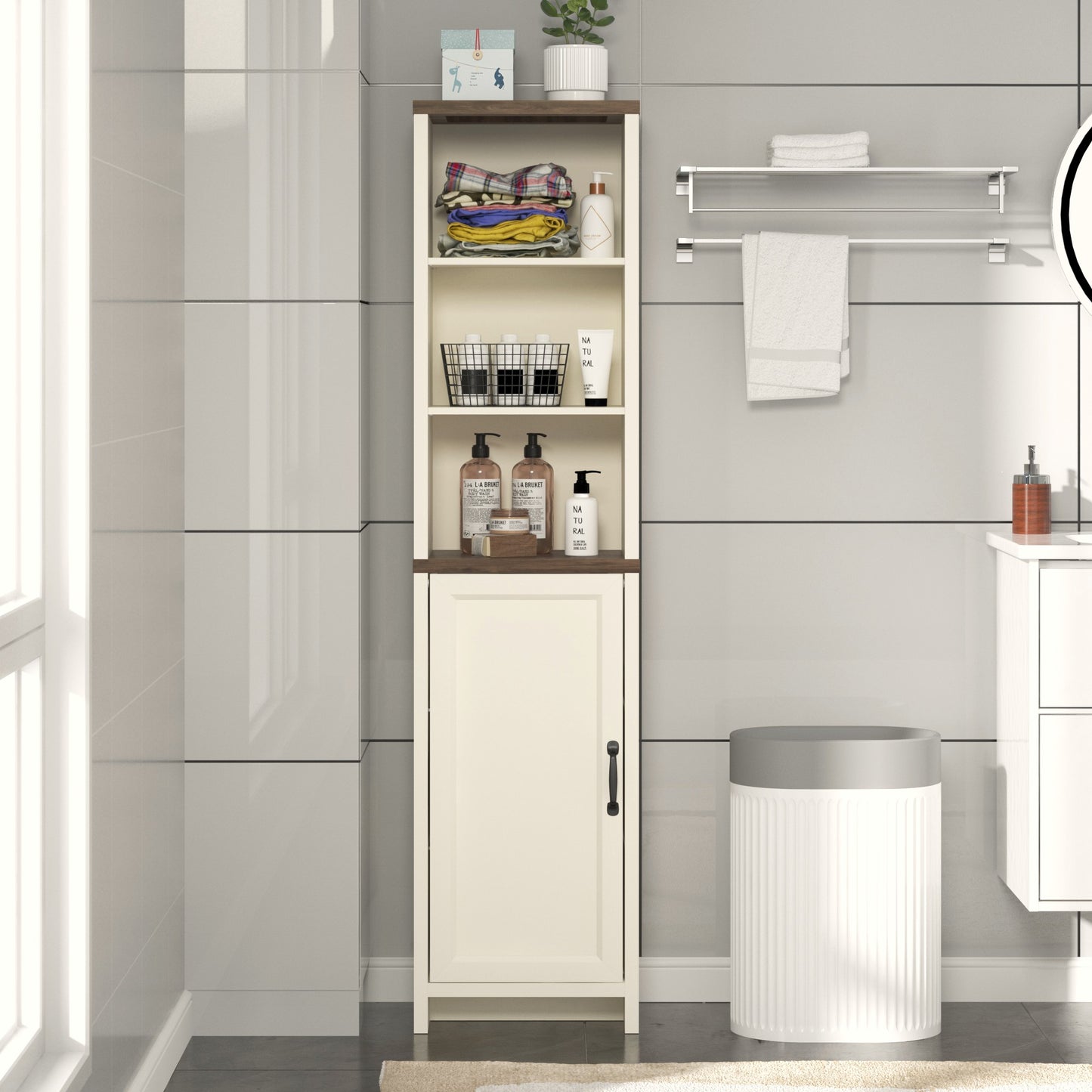 Galano Tall Bathroom Storage Cabinet with Adjustable Shelves & Closed Door, Narrow Linen Tower for Small Spaces, Ivory Knotty Oak