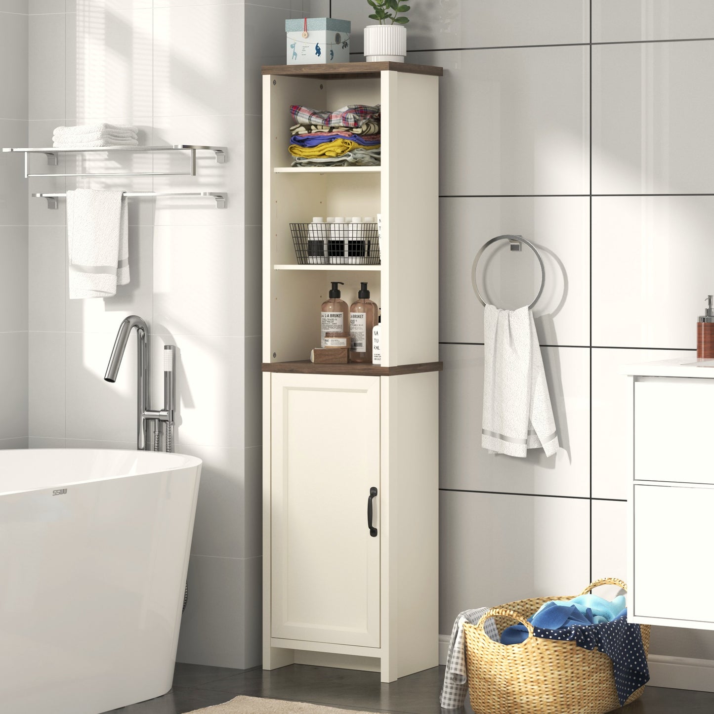 Galano Tall Bathroom Storage Cabinet with Adjustable Shelves & Closed Door, Narrow Linen Tower for Small Spaces, Ivory Knotty Oak