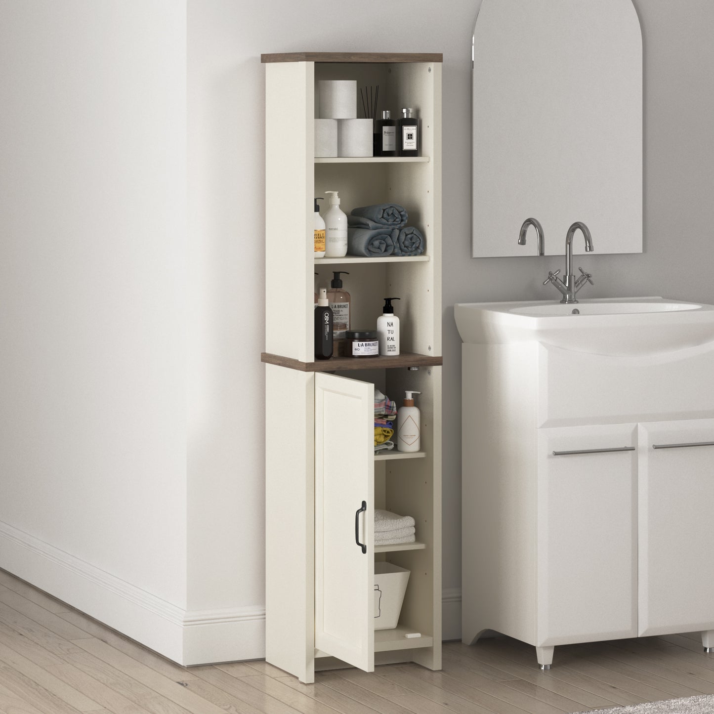 Galano Tall Bathroom Cabinet with Open Shelves in Ivory Knotty Oak 15.6" W × 11.6" D × 63.7" H