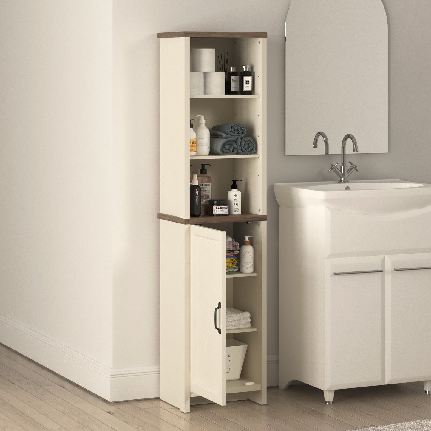 Galano Tall Bathroom Storage Cabinet with Adjustable Shelves & Closed Door, Narrow Linen Tower for Small Spaces, Ivory Knotty Oak