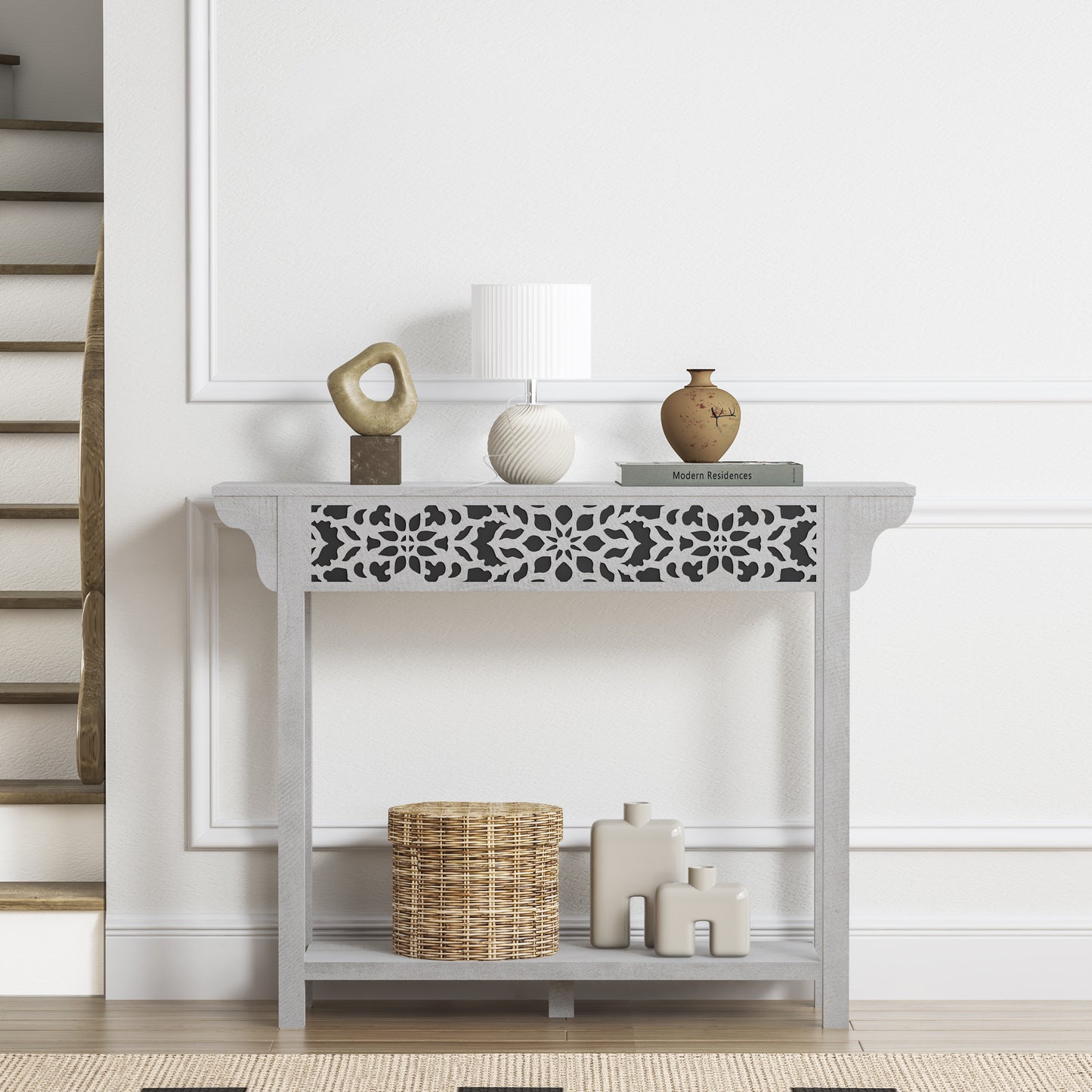Galano Carved Wood Console Table with Bottom Shelf 43" W × 12" D × 33" H