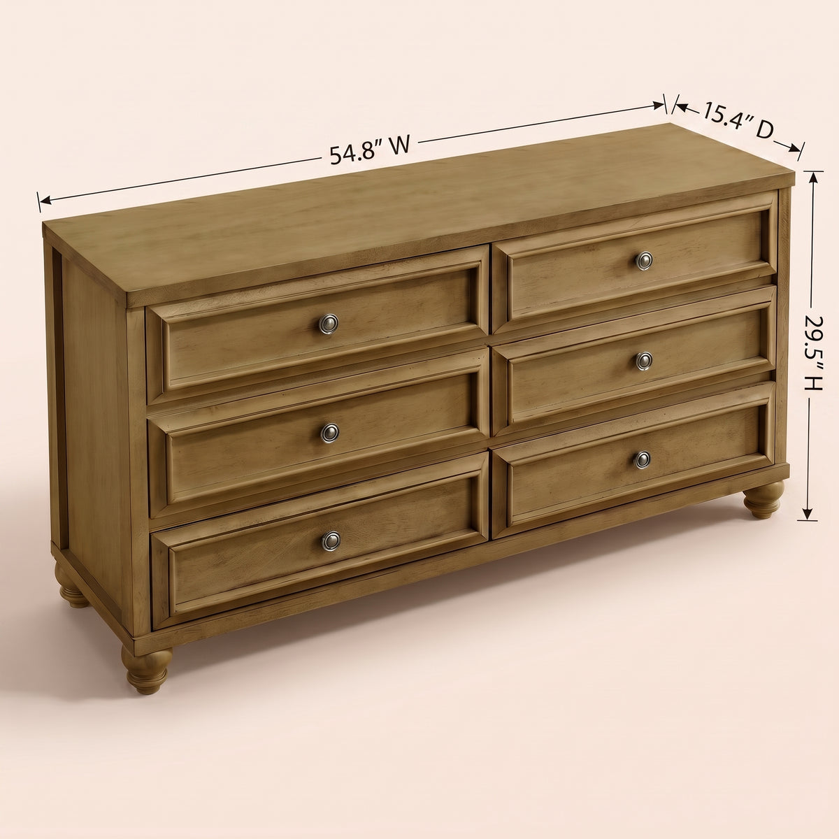 Galano 54.8" W Traditional 6 Drawer Double Dresser with Solid Wood Bun Feet and Interlocking Drawers