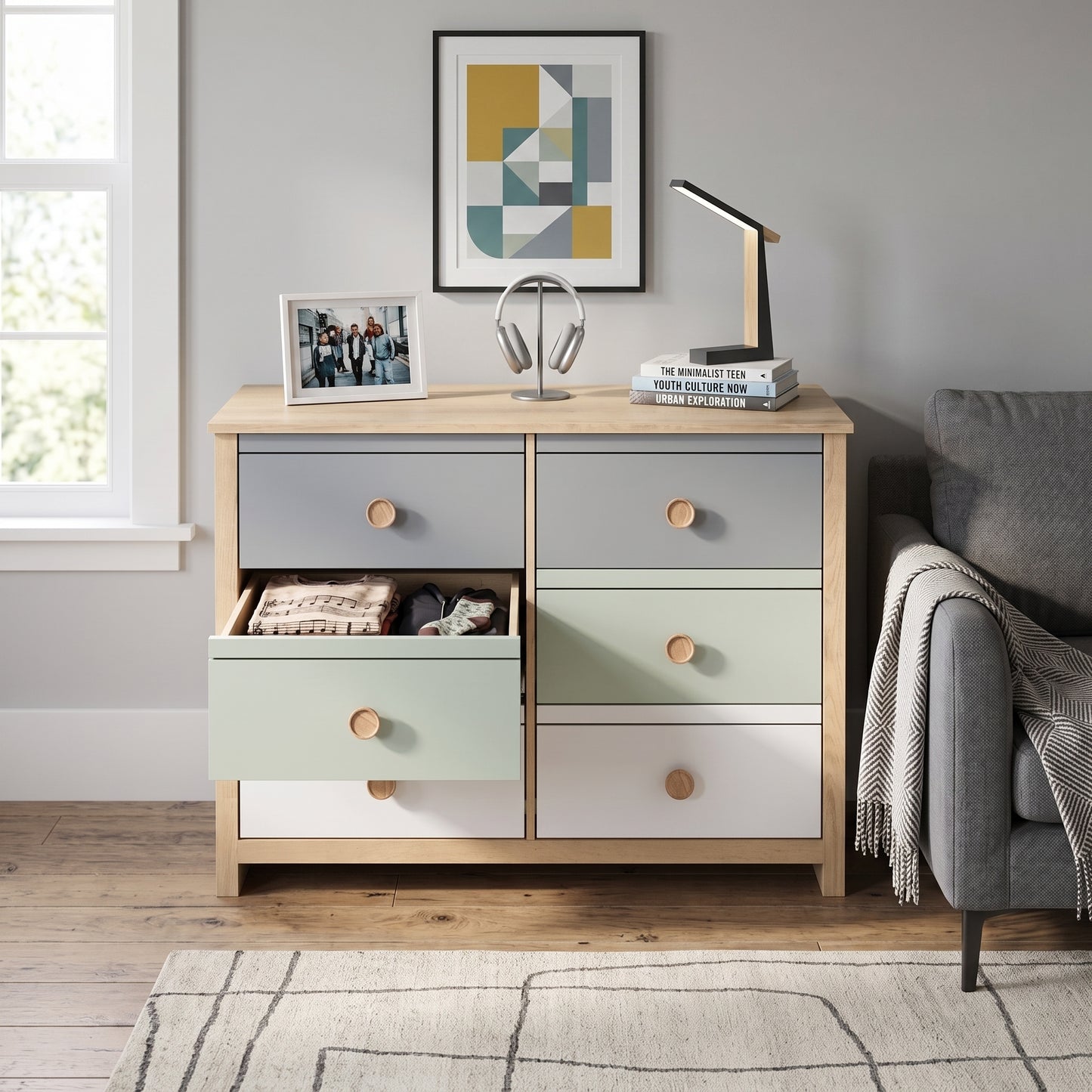 Galano Kids & Teen Chest Dresser Storage with Interlocking Drawer System, Gray, Sage Green & White Multi-Tone Fronts