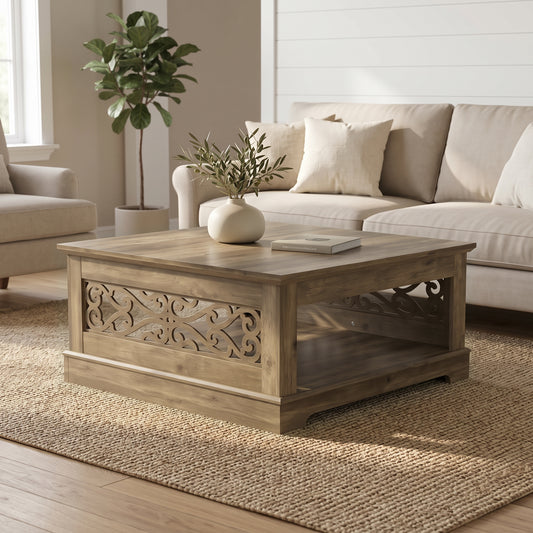 Galano 34.8" Square Storage Coffee Table with Decorative Cutout Side Panels