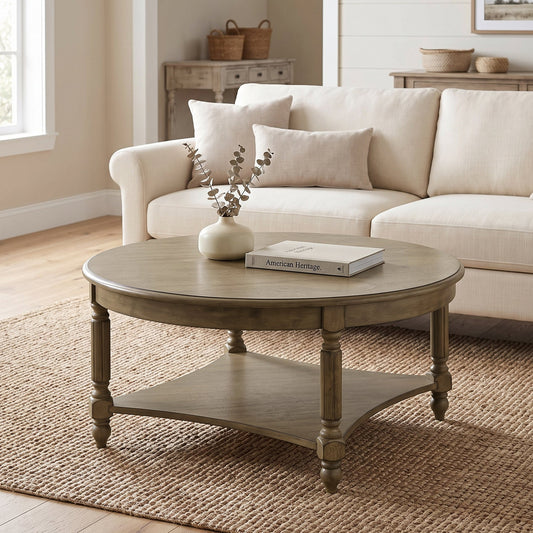 Galano Classic Solid Wood Round Coffee Table with Turned Legs and Storage Shelf