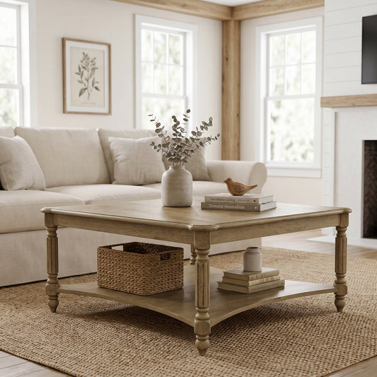 Galano 34.6" Solid Wood Square Coffee Table with Turned Legs and Storage Shelf
