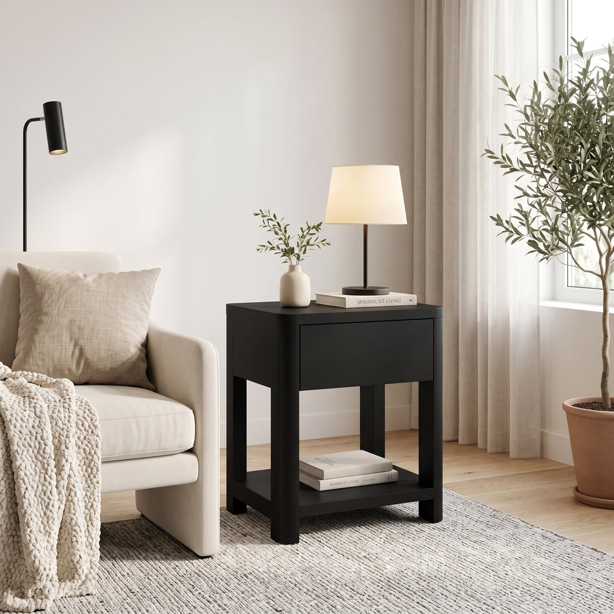 Galano 23" H Modern 1 Drawer Nightstand Bedside Table with Open Storage Shelf - Black